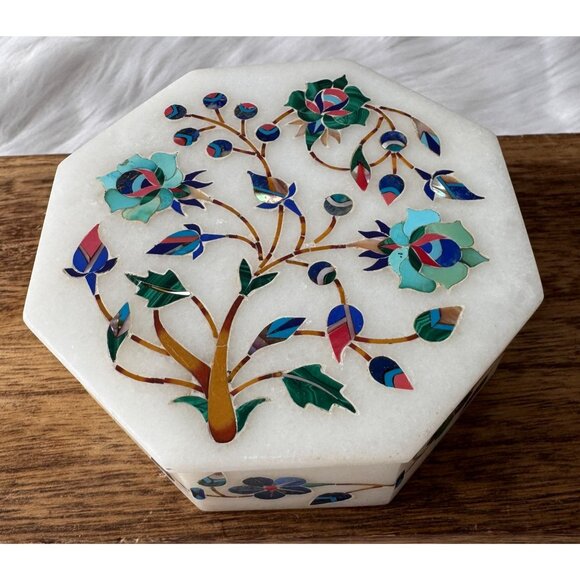 Marquetry Malachite Lapis Floral Hakik Marble Jewelry Box with Handmade Inlay - Picture 1 of 10